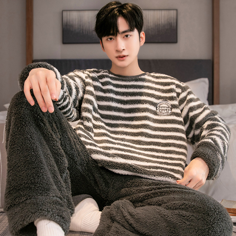 睡衣男2025新款珊瑚绒秋冬加绒加厚法兰绒保暖男士大码家居服套装
