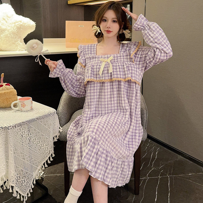 韩版格子睡衣珊瑚绒睡裙秋冬季女甜美法兰绒学生宽松家居服可外穿