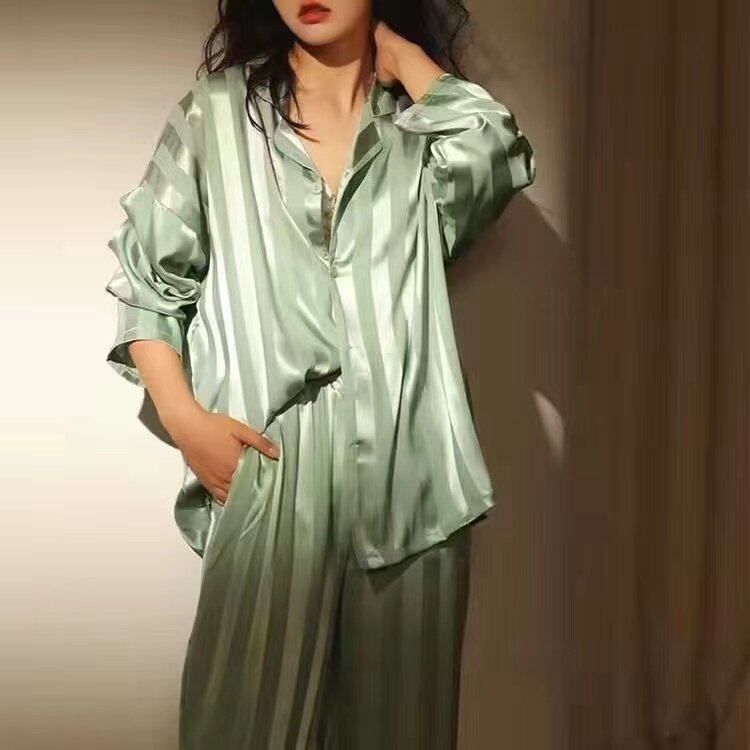新款睡衣女春秋夏季长袖长裤丝绸冰丝开衫大码女士家居服两件套装