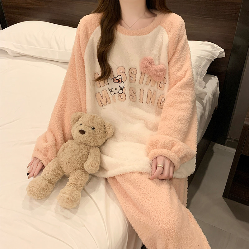 珊瑚绒套装女秋冬季2025新款加厚保暖法兰绒可爱甜美KT猫居家套装