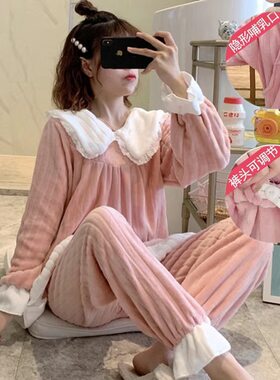 月子服冬季产后可调节孕妇哺乳睡衣秋冬加绒加厚产妇珊瑚绒家居服