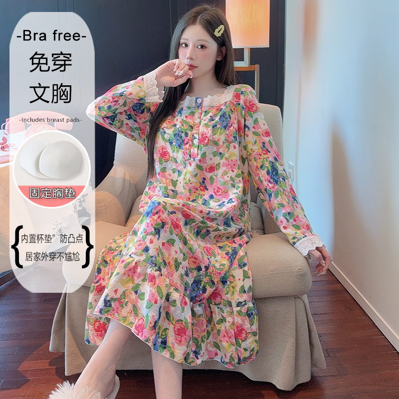 公主风睡裙女带胸垫春秋复古碎花田园风长袖睡衣大码230斤家居服