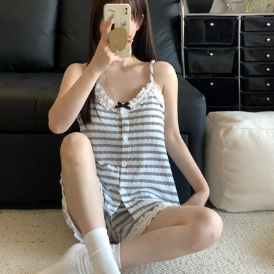 2025新款吊带条纹花边睡衣女款性感夏季日系可爱带胸垫家居服套装