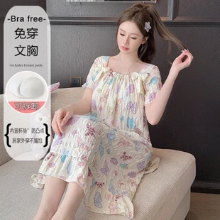 睡裙女款 轻薄可爱蝴蝶结休闲家居服睡衣可外穿 夏季 纯棉带胸垫新款