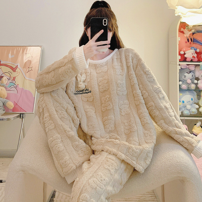 珊瑚绒睡衣女款秋冬加厚大码法兰绒宽松简约套头可外穿保暖家居服