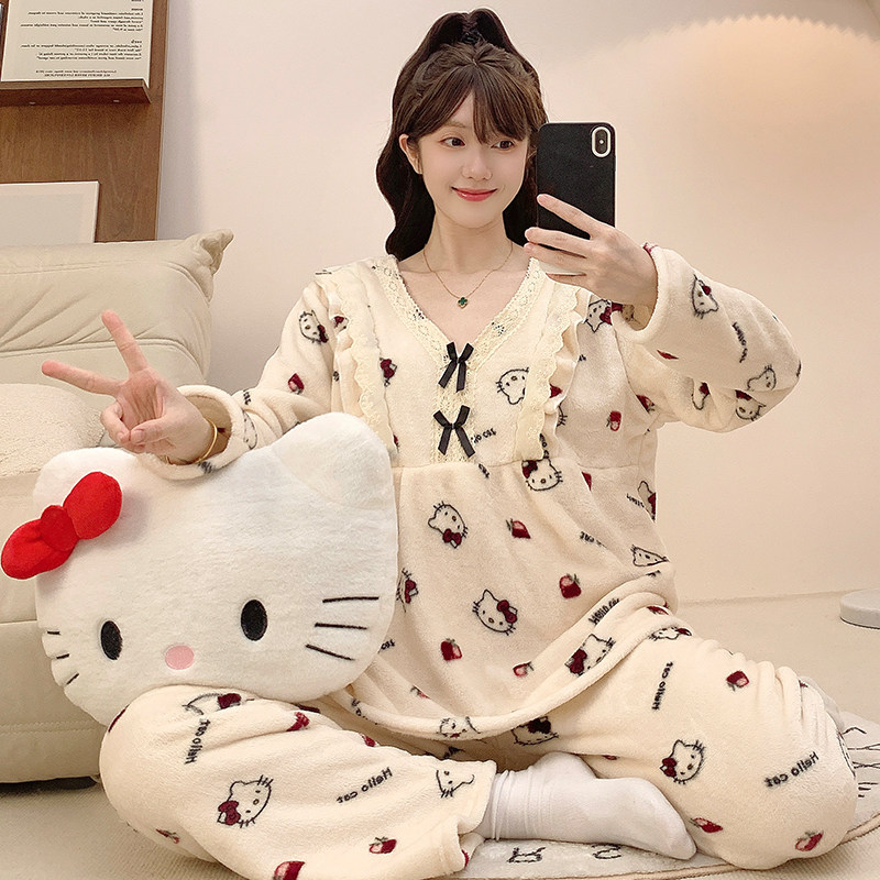 大码珊瑚绒KT猫睡衣女2025年新款秋冬季加厚保暖家居服可外穿套装