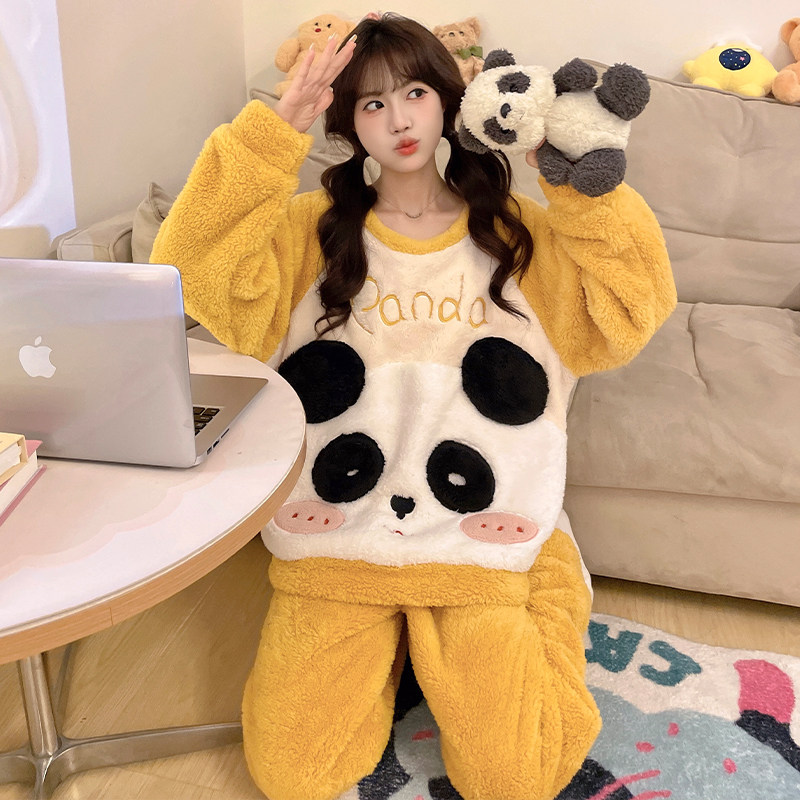 睡衣女款秋冬珊瑚绒加绒加厚卡通可爱学生套装法兰绒家居服可外穿