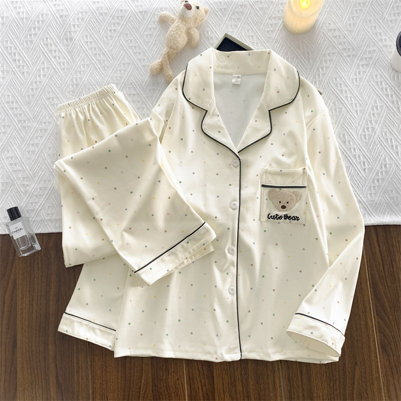 秋冬睡衣女士亲肤德绒可爱卡通保暖家居服小翻领开衫长袖长裤套装