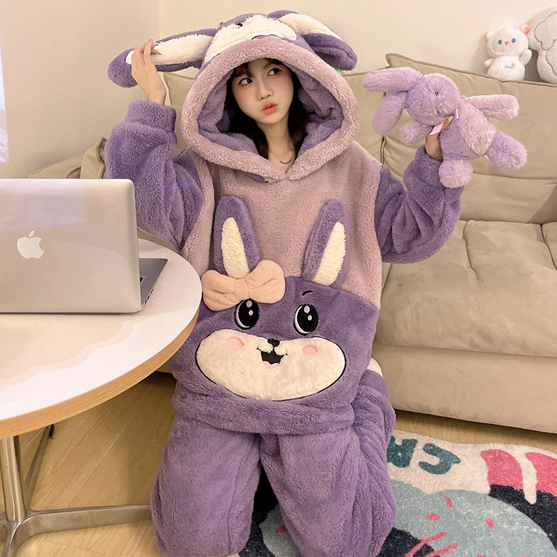 卡通连帽珊瑚绒睡衣女士冬季加厚款可爱学生保暖法兰绒家居服套装