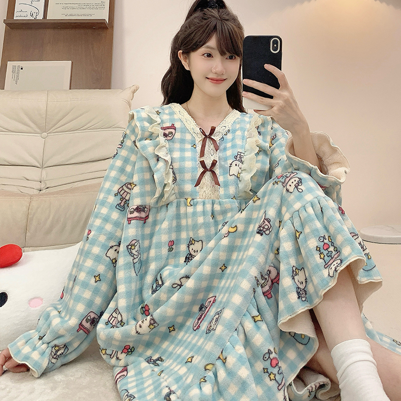韩版可爱KT猫珊瑚绒睡裙女秋冬款长袖格子宽松大码胖mm冬天睡衣裙