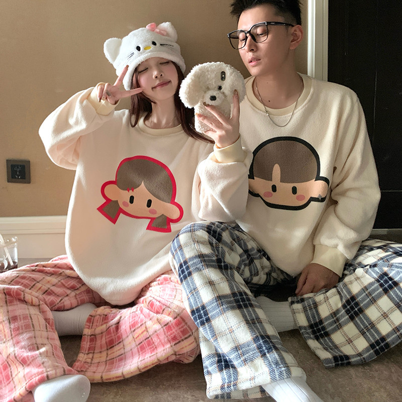 冬季情侣睡衣女米粒绒加厚加绒学生男士保暖毛茸茸可外穿家居服冬