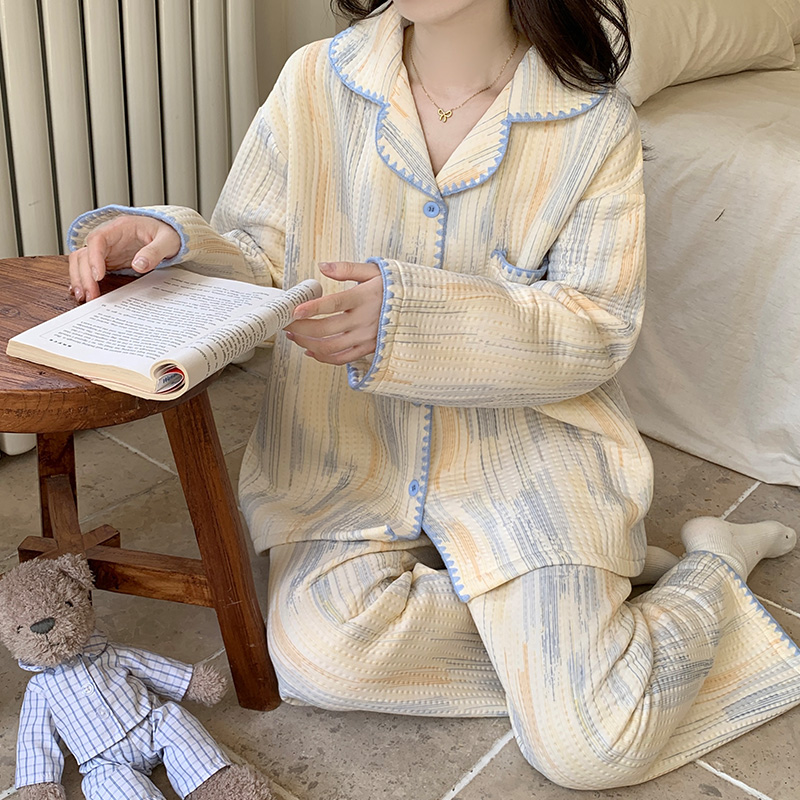 2025新款空气棉衣秋冬加厚夹层甜美宽松条纹女生家居服套装可外穿