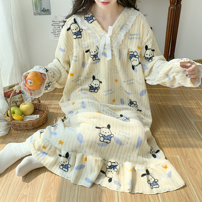 2025新款珊瑚绒女睡衣秋冬季公主风法兰绒睡裙卡通大码胖mm家居服