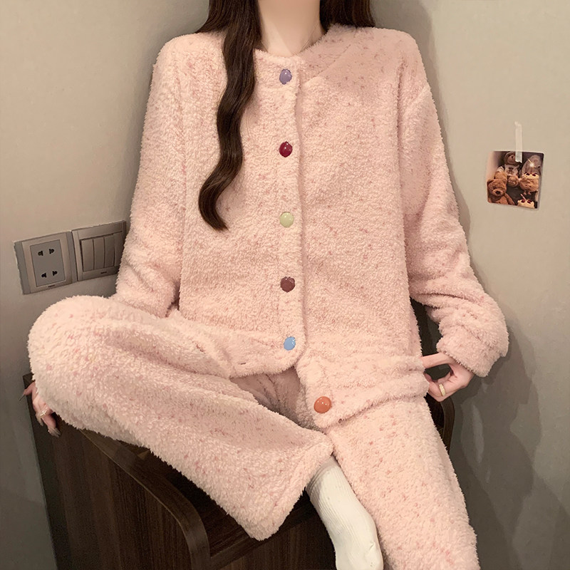 韩版甜美珊瑚绒睡衣女秋冬季新款少女可爱加厚柔软长袖家居服套装