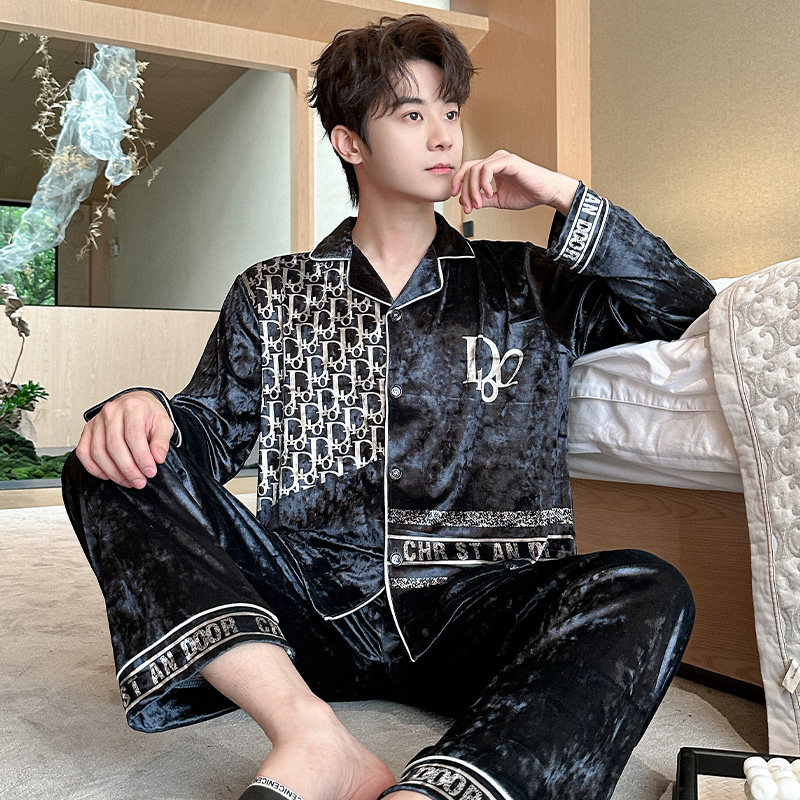 睡衣男春秋冬季金丝绒开衫长袖保暖大码宽松印花家居服套装可外穿