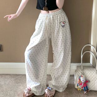 韩系波点KT猫慵懒休闲遛弯裤抽绳纯棉长裤女款夏季薄款宽松睡裤