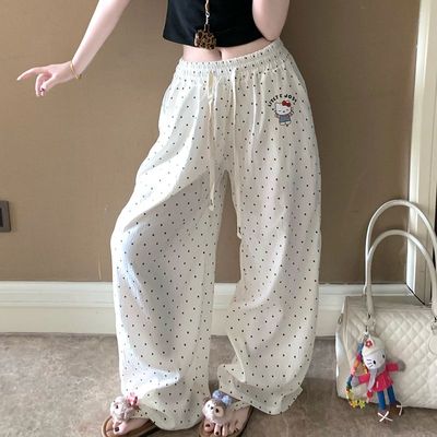 韩系波点KT猫慵懒休闲遛弯裤抽绳纯棉长裤女款夏季薄款宽松睡裤