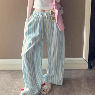 韩系竖条纹阔腿裤女夏季薄款2025新款睡裤宽松显瘦小个子遛弯长裤