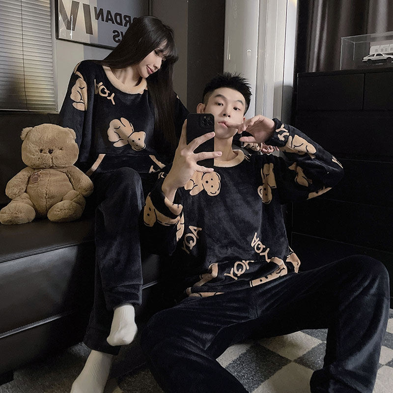秋冬季珊瑚绒睡衣男女情侣卡通法兰绒加肥大码加厚加绒家居服套装
