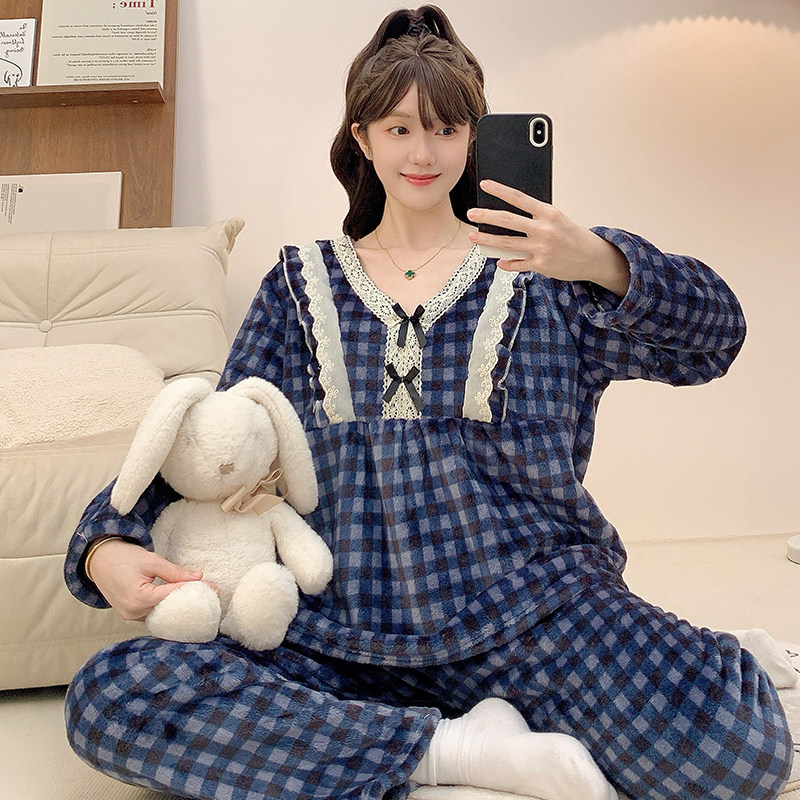 韩版格子法兰绒睡衣女士秋冬季甜美可爱宽松大码家居服套装可外穿