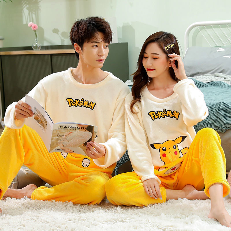 卡通家居服珊瑚法兰绒套装情侣睡衣加厚男女款秋冬加绒保暖家居服