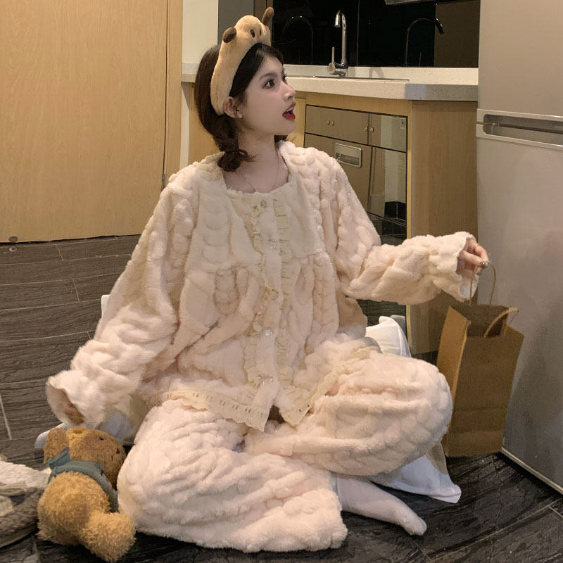 珊瑚绒睡衣女士秋冬季开衫加绒加厚甜美2025新款法兰绒家居服套装