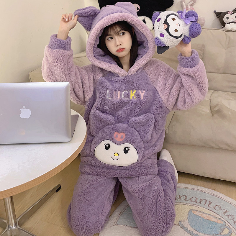 秋冬季套头睡衣女士珊瑚绒可爱卡通韩版加厚保暖法兰绒家居服套装