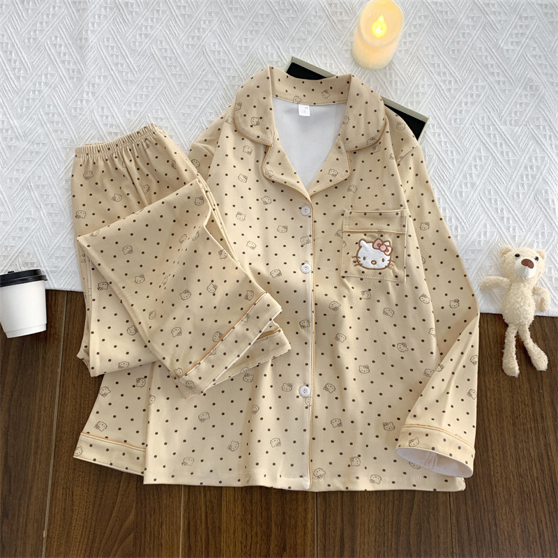 棕色凯蒂猫睡衣少女2025新款秋冬季德绒简约波点家居服套装可外穿