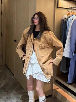 2025春款韩系新款时尚设计拼色百搭翻领洗水口袋牛仔卡其色外套