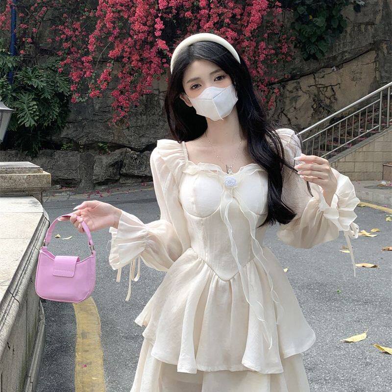 芭蕾风连衣裙女2025新款春夏超仙气质温柔灯笼袖蓬蓬公主裙套装裙
