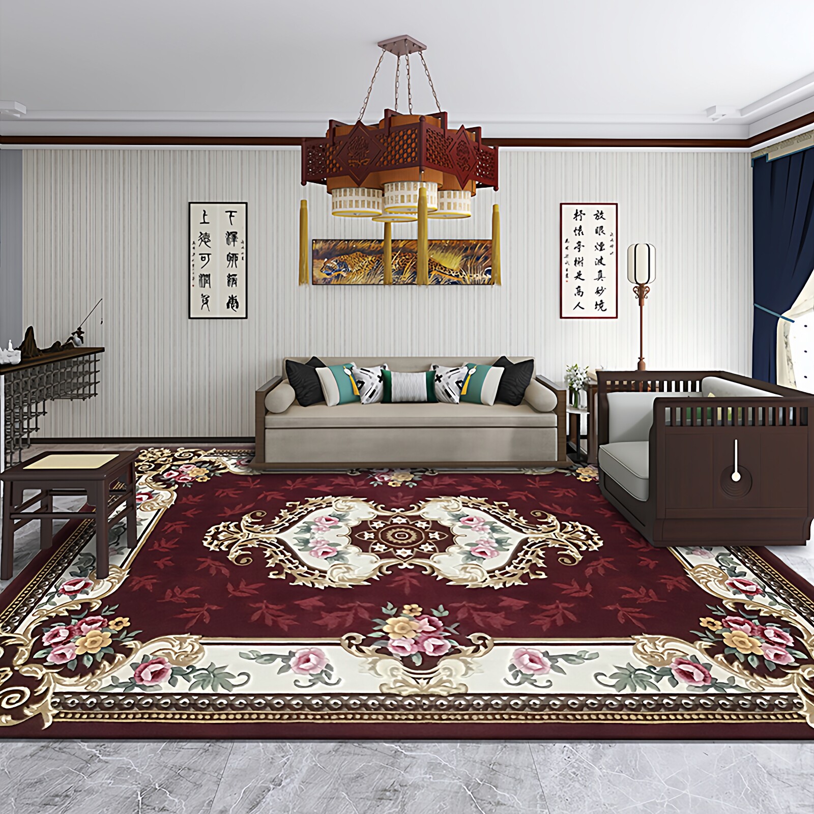 进口全羊毛高端别墅中古风欧美客厅卧室床边定制红木沙发手工地毯