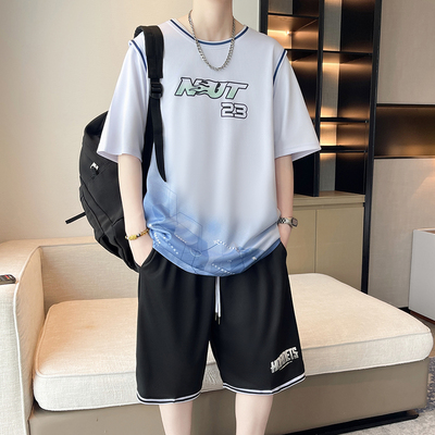 青少年夏季冰丝短袖T恤男孩12-15岁初学生篮球服运动套装大童球衣