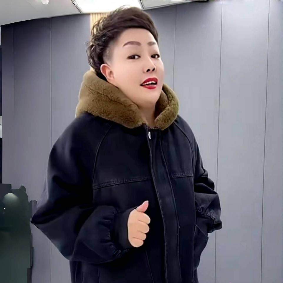 拼色连帽牛仔派克服女士秋冬装大码洋气百搭保暖加绒加厚休闲外套
