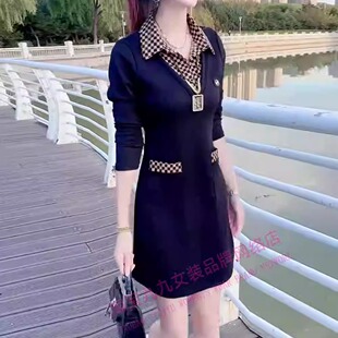 棋盘格拼接假两件连衣裙女秋新款时尚气质显瘦衬衫领中长款打底裙