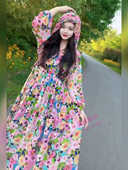 新款 时尚 夏季 花卉图案连帽长裙女士气质减龄遮肉休闲公主风沙滩裙