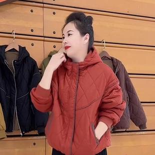 时尚 中年妈妈宽松百搭休闲加厚棉衣外套 菱形格小棉服女士秋冬新款