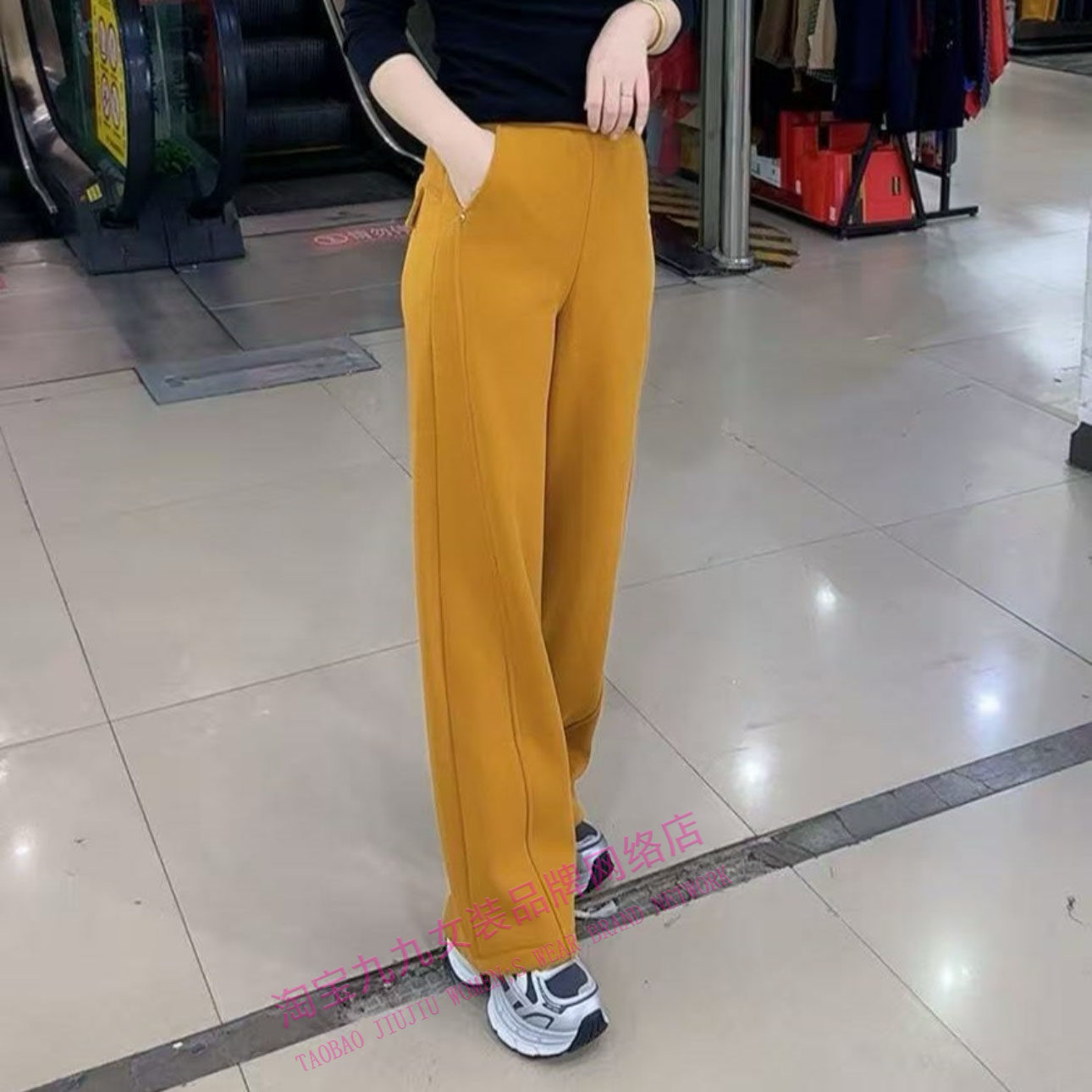洋气加绒休闲弯刀裤黄色高腰直筒裤女宽松显瘦百搭高街风格长裤,女装/女士精品,休闲裤,淘宝优惠券,粉丝福利购,淘宝优惠卷