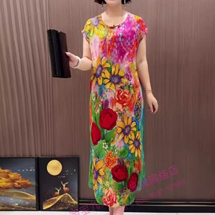 时尚印花圆领短袖连衣裙女夏新款高级感轻奢中年妈妈装裙子