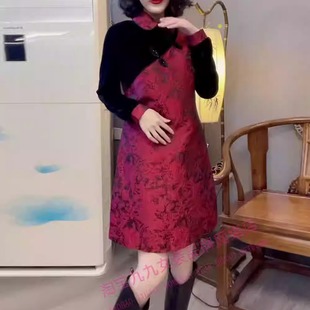 秋冬复古醋酸拼金丝绒翻领连衣裙新中式 国风盘扣提花改良旗袍裙女