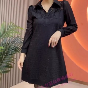 翻领镂空长袖拼接重工艺烫钻打底裙女时尚气质遮肉显瘦春季连衣裙