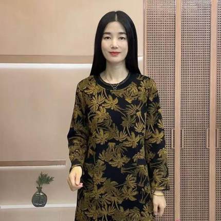 加绒时尚套头花衫女士秋冬中老年妈妈装宽松显瘦双兜中长款打底衫