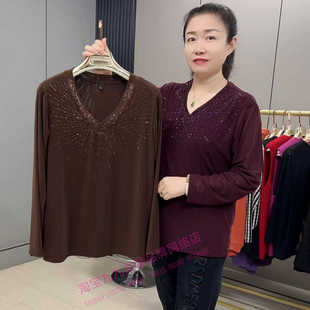 时尚南韩纱烫钻打底衫女2024秋季新款宽松大码洋气中年妈妈装上衣