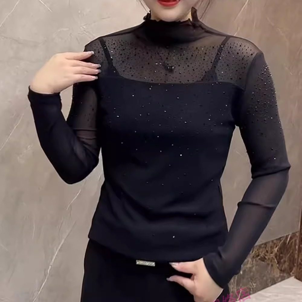 黑色长袖微透满天星烫钻半高领修身百搭洋气打底衫女T恤上衣,女装/女士精品,T恤,淘宝优惠券,粉丝福利购,淘宝优惠卷