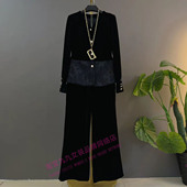 丝绒拼接国风大码 两件套 子显瘦遮肉时尚 套装 女V领暗纹纽扣上衣裤