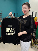 大码 美女印花镶钻套头显瘦黑色打底衫 镂空弹力中年妈妈T恤衫 长袖