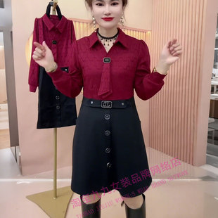 新款 大码 假两件长袖 连衣裙女2025秋季 裙子 气质显瘦飘带翻领中长款