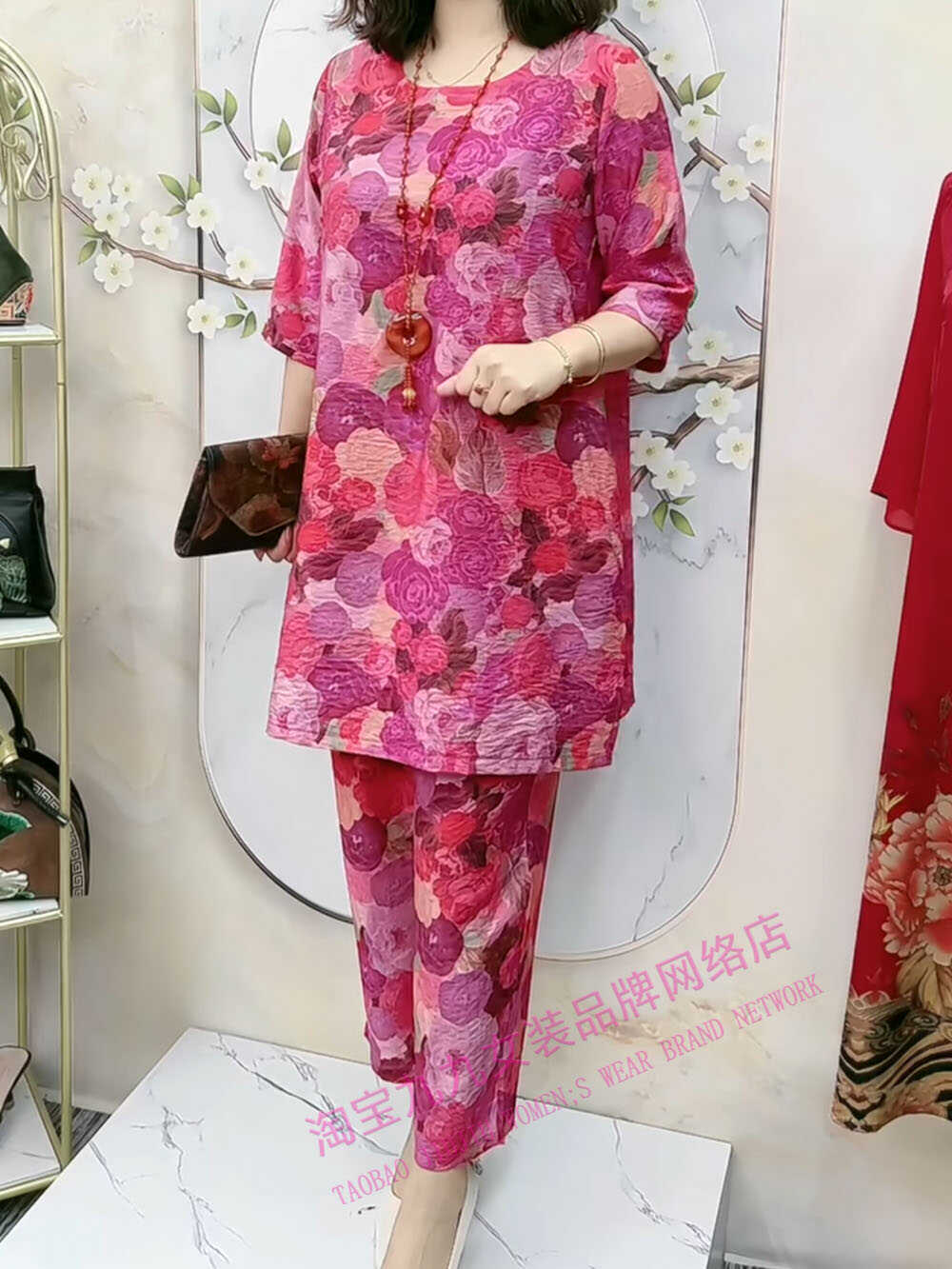 中老年妈妈裤子套装女士圆领夏季