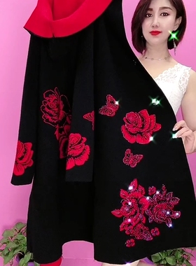 洋气妈妈两面穿毛呢大衣女中长款连帽红色外套复古高档玫瑰花风衣