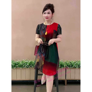 时尚拼色网纱连衣裙女中年妈妈夏装短袖气质减龄遮肉中长款裙子