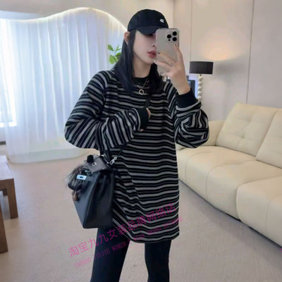 慵懒风条纹长袖t恤衫女大码秋冬